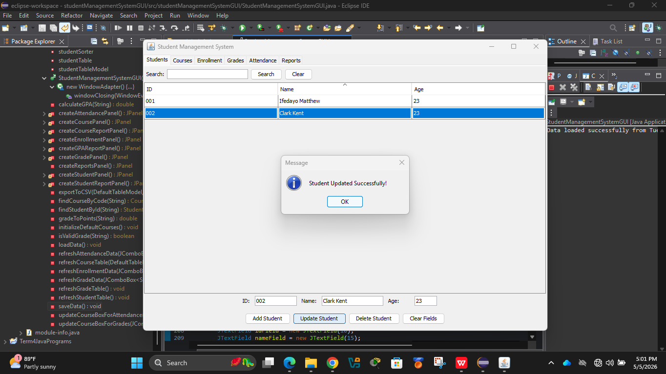 Student Management System interface